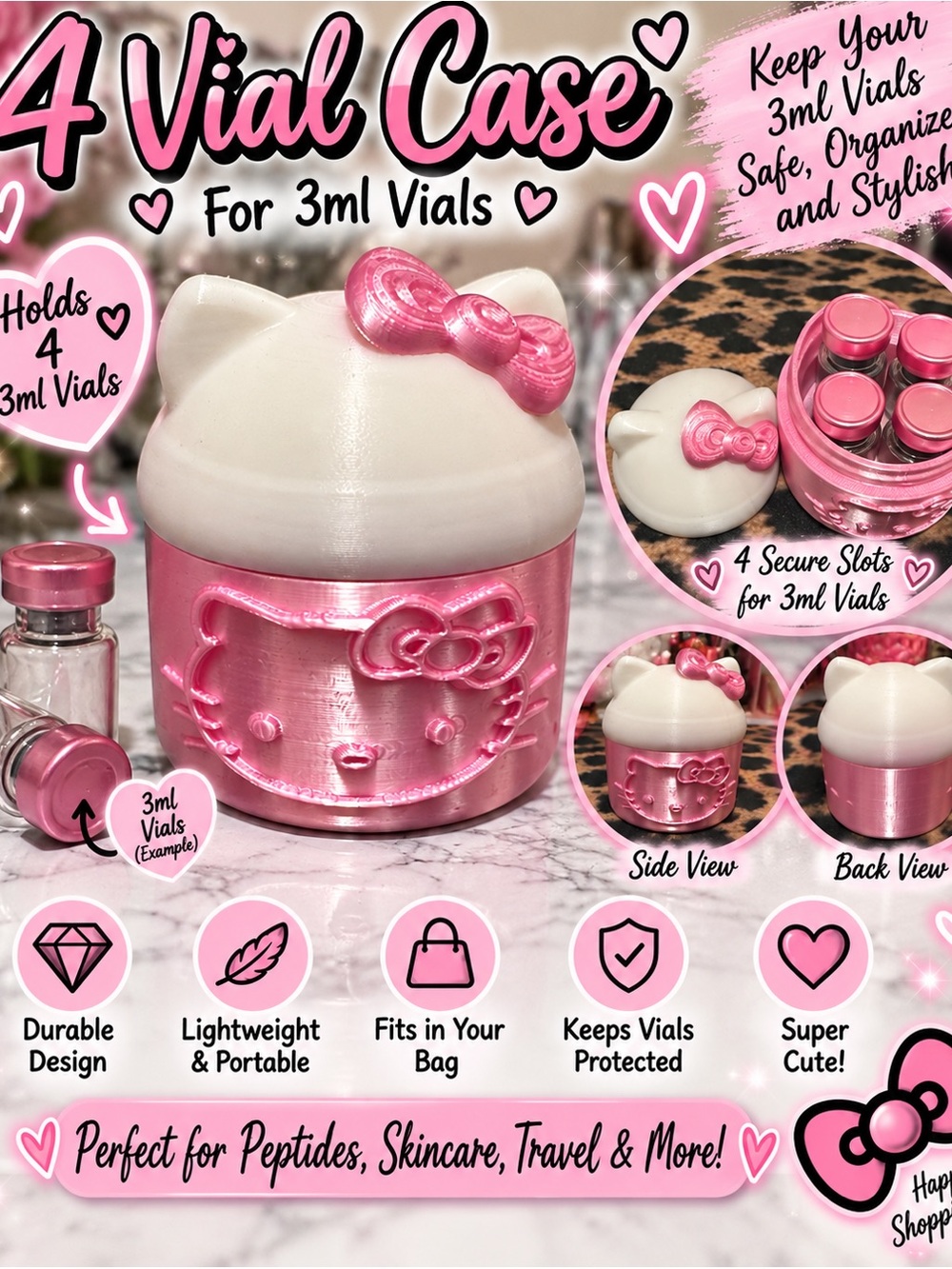 Hello Kitty Pink and White 4-Vial Case for 3ml Vials